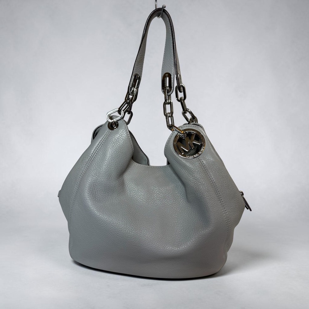 Michael Kors Fulton Large Pebble Leather Shoulder Tote Chain Strap Grey Hobo Bag